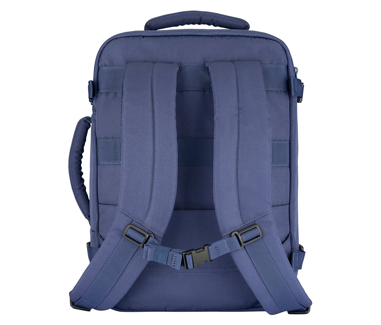 Rückansicht des blauen Tucano TUGO Kabinenrucksacks mit Laptopfach, die Träger und ein Griff sind sichtbar.