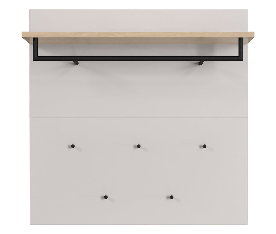 Das Garderobenpaneel »Cormano« ist in Hellgrau gehalten und verfügt über eine Ablage mit einer schwarzen Stange und sechs Haken.