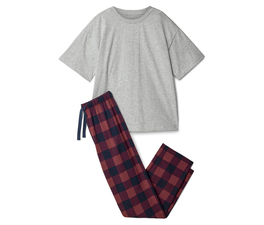 Graues T-Shirt und rot-blau karierte Kinder-Pyjamahose, 2 Kinder-Pyjamas.