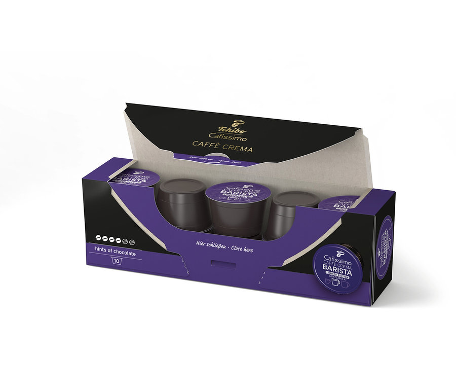 Geöffnete Packung Cafissimo BARISTA Caffè Crema Guatemala - 10 Kapseln mit braunen Kapseln darin.