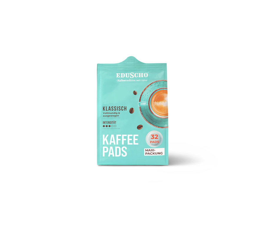 Eine Packung Eduscho Klassisch Kaffeepads mit 32 Pads.