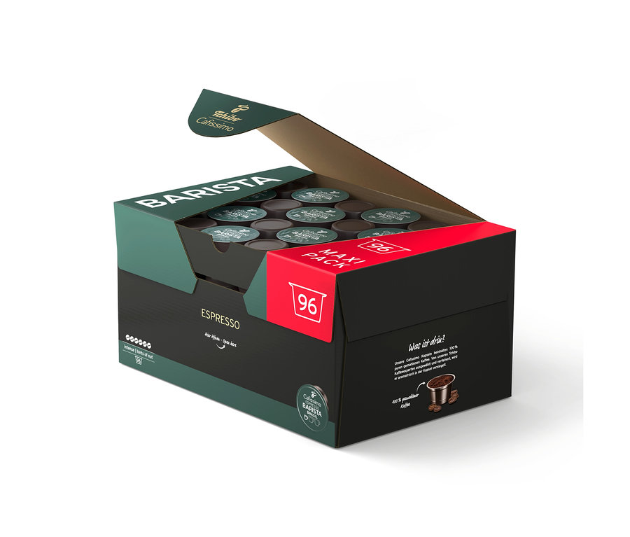 Offene Packung Tchibo Cafissimo BARISTA Espresso Brasil mit 96 Kapseln, dunkelgrün und schwarz mit roten Akzenten.