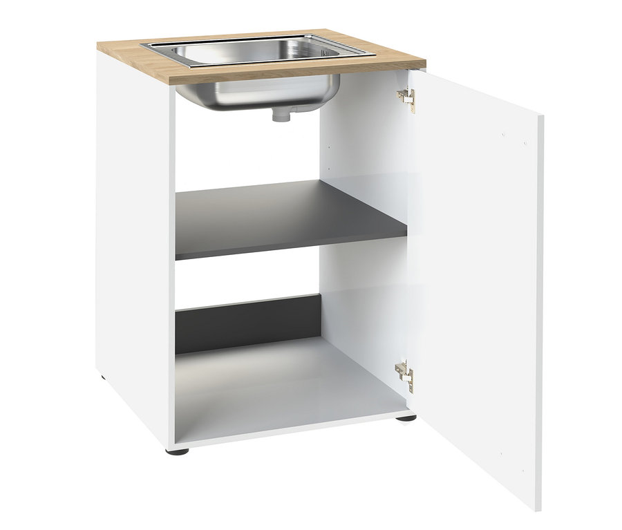 Weißer Unterschrank mit heller Holzoptik-Arbeitsplatte und integriertem Edelstahlwaschbecken. Die rechte Tür ist offen und zeigt zwei Einlegeböden, einen dunkelgrauen und einen weißen.