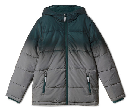 Eine Kapuzen-Steppjacke mit Ombré-Design, das von Dunkelgrün oben zu Grau unten übergeht. Sie hat einen durchgehenden Reißverschluss und zwei Reißverschlusstaschen vorne.