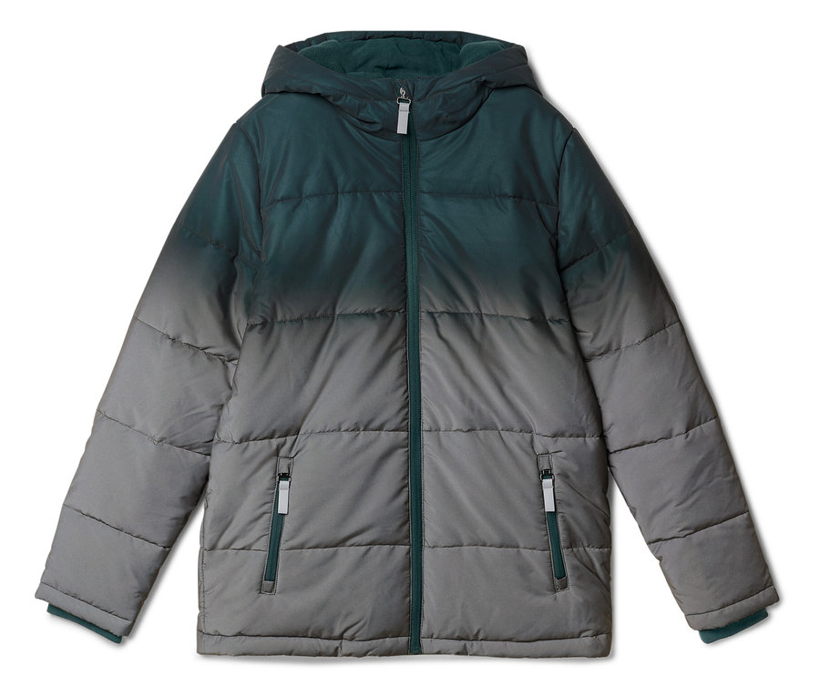 Eine Kapuzen-Steppjacke mit Ombré-Design, das von Dunkelgrün oben zu Grau unten übergeht. Sie hat einen durchgehenden Reißverschluss und zwei Reißverschlusstaschen vorne.