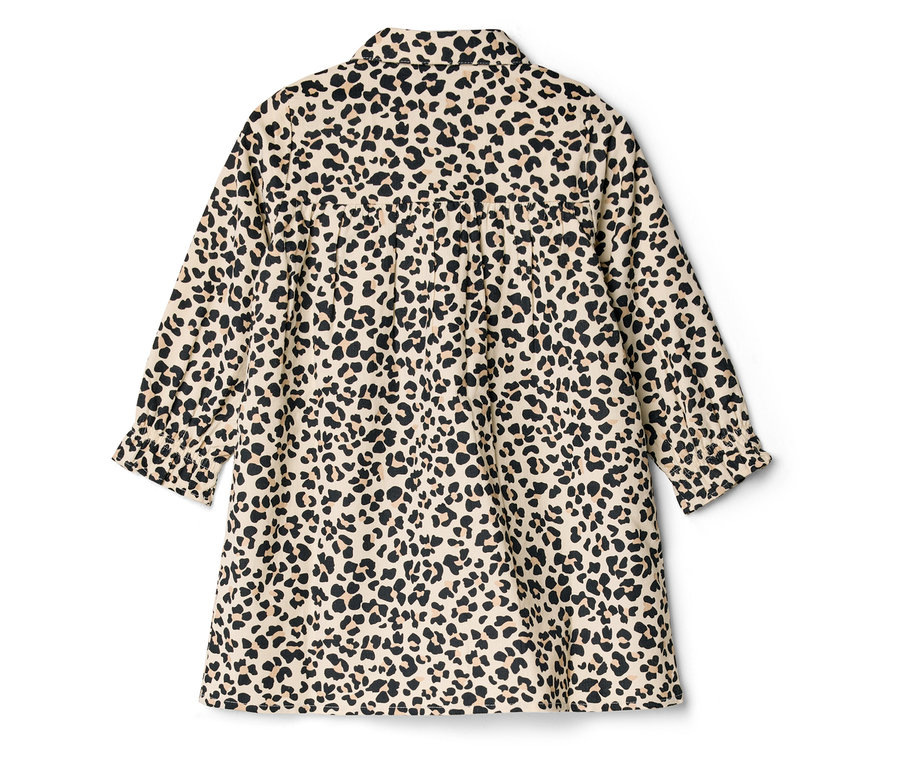 Beiges Kleid mit schwarzem Leopardenmuster, Kragen, langen Ärmeln mit Rüschenbündchen und gerafftem Rücken.