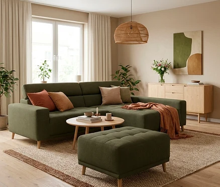 Ein gemütliches Wohnzimmer mit einem grünen L-förmigen Sofa, einem passenden Hocker, einem runden Holztisch und einem Naturfaserteppich. Links befindet sich ein großes Fenster mit hellen Vorhängen, rechts ein Holzsideboard mit Blumen und abstrakter Kunst. Topfpflanzen und eine geflochtene Pendelleuchte ergänzen die Einrichtung.
