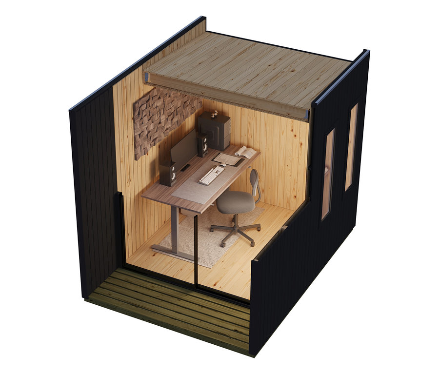 Schnittansicht eines Karibu Homeoffice-Gartenhauses »Valentin« mit schwarzer Außenfassade und Holzterrasse. Innen ist ein Homeoffice mit Holzvertäfelung, Schreibtisch, Computer und Bürostuhl eingerichtet.