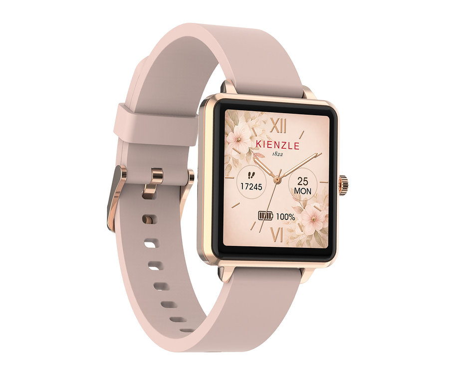 Quadratische Smartwatch mit roségoldenem Rahmen und hellrosa Silikonarmband, mit floralem Display, "KIENZLE 1822", römischen Ziffern, 17245 Schritten, 25 MON und 100 % Akku.