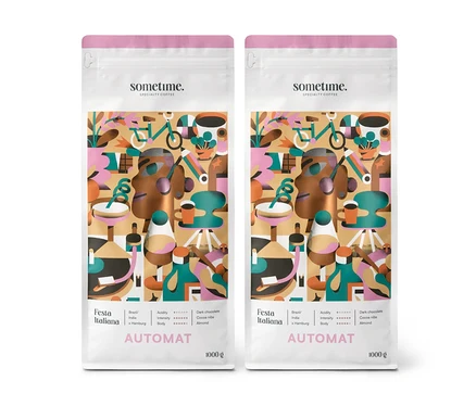 Zwei Packungen sometime FESTA ITALIANA Caffè Crema Ganze Bohne, 2 x 1 kg, mit abstrakten Grafiken auf weißem Grund.