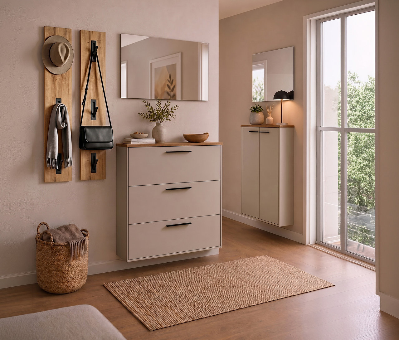 Flur mit hellgrauem Schuhschrank mit drei Schubladen und Holzplatte. Darüber hängt ein Spiegel, daneben zwei Holzpaneele mit Haken für Hut, Schal und schwarze Handtasche. Rechts ein kleinerer Schrank mit Lampe und Deko, links ein geflochtener Korb. Ein Naturfaserteppich liegt auf dem Holzboden vor einem Fenster.