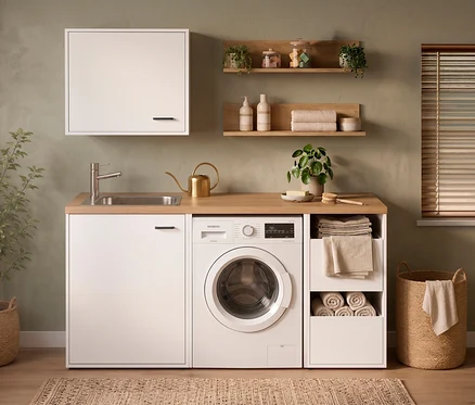 Ein moderner Waschraum mit einem mattweißen Unterschrank »Solea« unter einem Waschbecken, neben einer Waschmaschine. Darüber befinden sich weiße Wandschränke und Holzregale mit Pflanzen und Handtüchern. Ein gewebter Teppich liegt auf dem Holzboden.