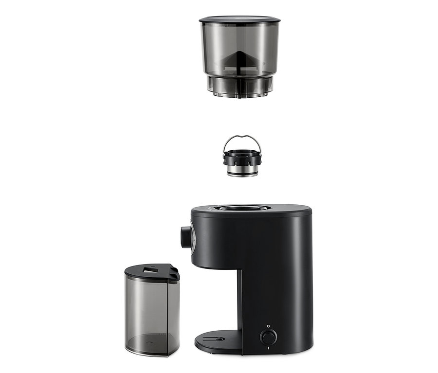 Eine schwarze elektrische Kaffeemühle mit abnehmbaren Teilen.