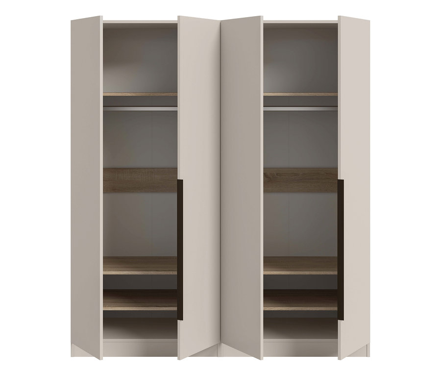 Offener xonox Kleiderschrank »Nordic«, 4-türig, in Hellbeige mit dunklen Griffen, innen mit Regalböden und Kleiderstangen.