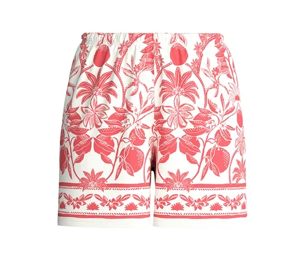 CALIDA »Favorites Beach« Shorts, weiß mit korallenrotem Tropenmuster aus Blättern, Blüten und Früchten, mit Gummibund und Zierborte am Saum.