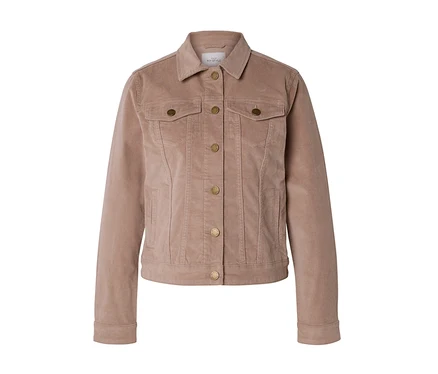 Helle braune Cordjacke mit Kragen, langen Ärmeln, goldfarbener Knopfleiste, zwei Brusttaschen mit geknöpften Klappen und zwei Seitentaschen.