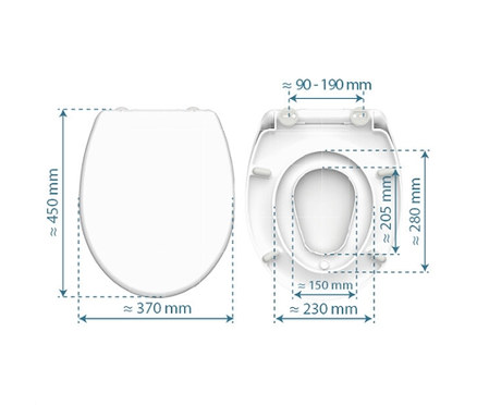 Duroplast WC-Sitz »FAMILY« in Weiß mit integriertem Kindersitz, von oben und unten gezeigt, mit Maßen von ca. 450x370 mm und weiteren Detailmaßen.