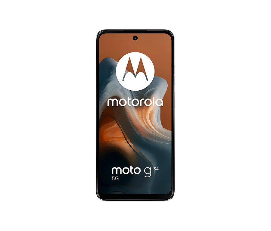 Schwarzes Motorola moto g34 5G 128GB Smartphone mit Motorola-Logo auf dem Display.