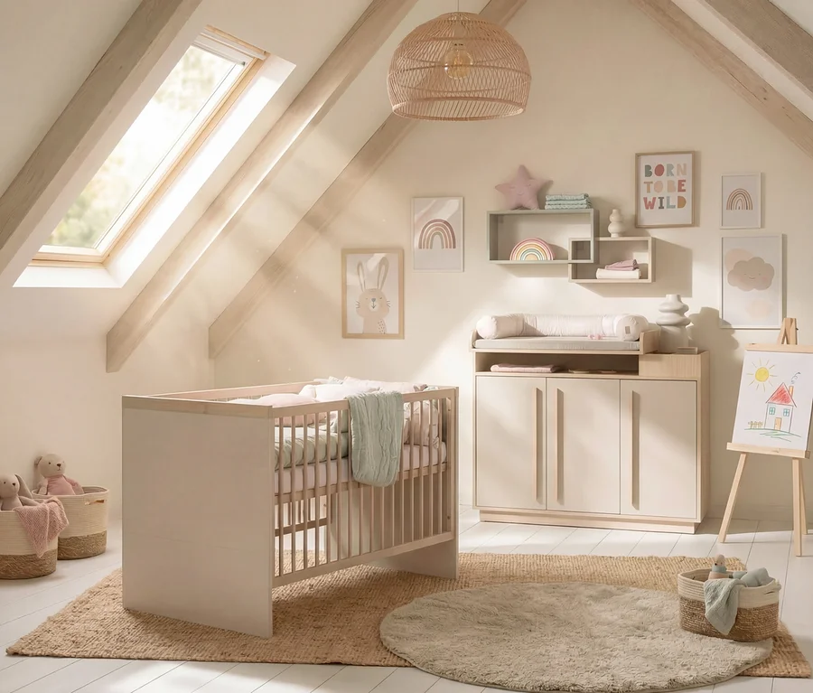 Ein helles und gemütliches Babyzimmer mit einem hellen Holzbett, einer Wickelkommode und verspielter Wandkunst. Ein Dachfenster beleuchtet den Raum, der neutrale Töne, einen gewebten Teppich und einen flauschigen runden Teppich aufweist. Dekorationen umfassen Regenbogen- und Hasenbilder sowie eine geflochtene Pendelleuchte.