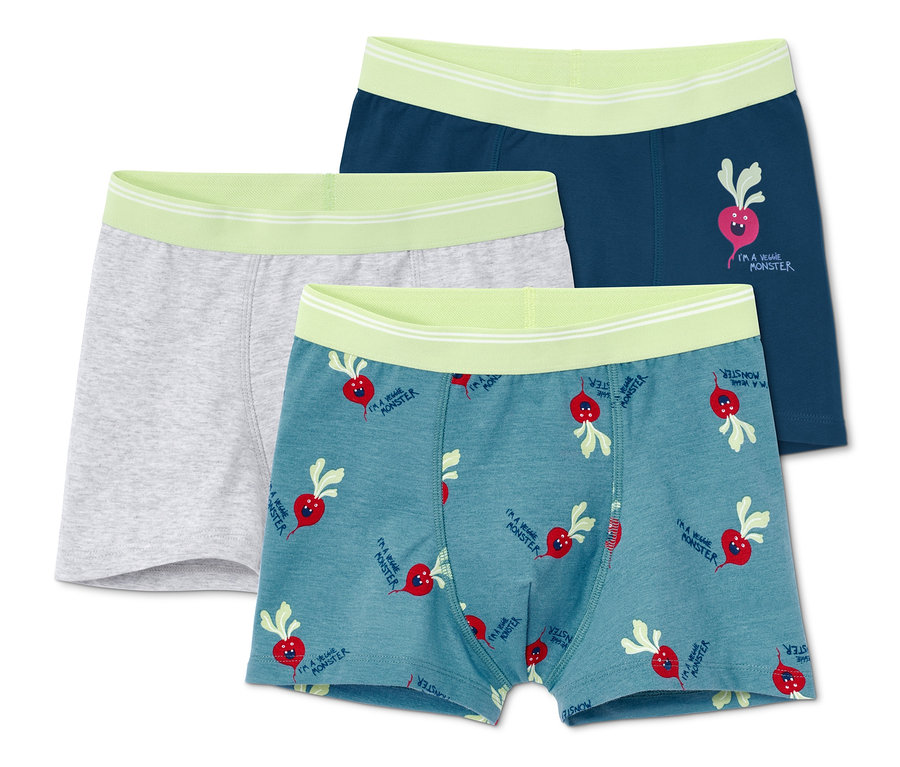 Drei Slipboxer: grau, blau mit Radieschen und blaugrün mit Radieschenmuster.
