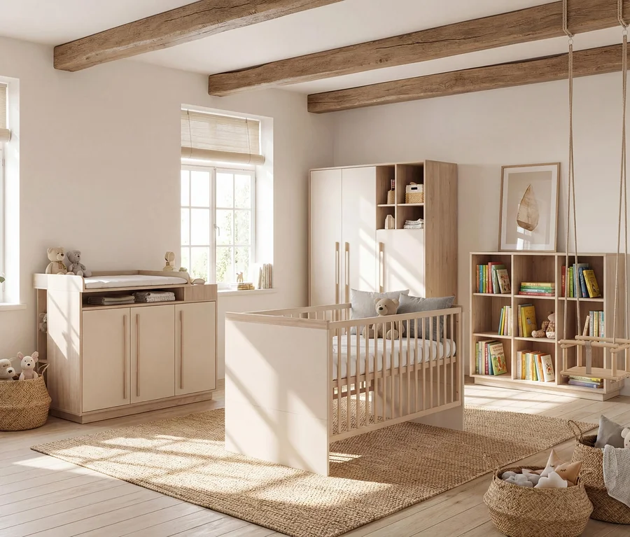 Helles Babyzimmer mit Wickeltisch, hellem Holzbettchen, Kleiderschrank und Bücherregal. Ein Jute-Teppich liegt auf dem Holzboden, und Holzbalken sind an der Decke sichtbar.