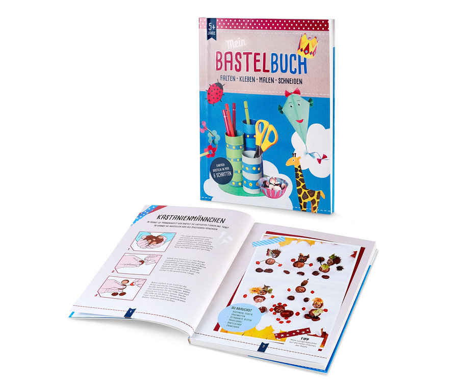 Offenes Buch mit einer Anleitung zum Basteln mit Kastanien und ein Mein Bastelbuch.