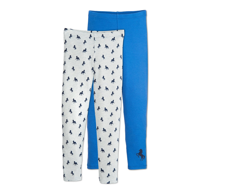 Zwei Leggings, eine hellgrau mit dunkelblauen Pferden, die andere blau.