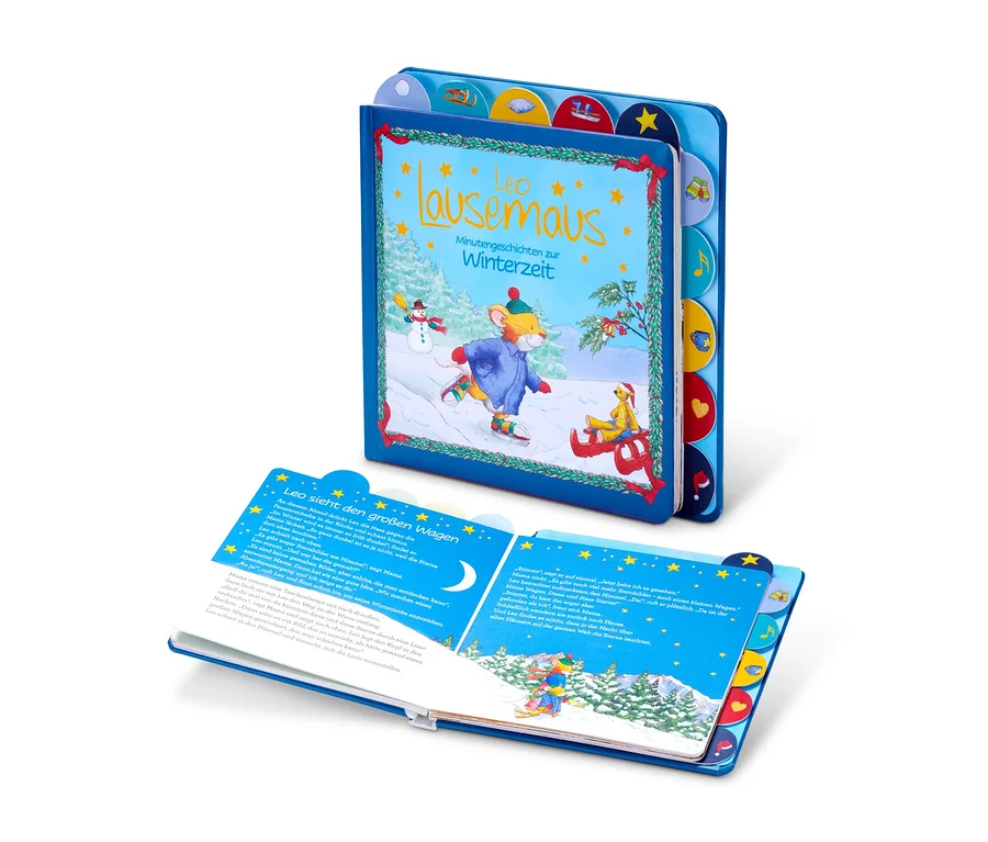Zwei geöffnete, blaue Kinderbücher "Leo Lausemaus Minutengeschichten zur Weihnachtszeit".