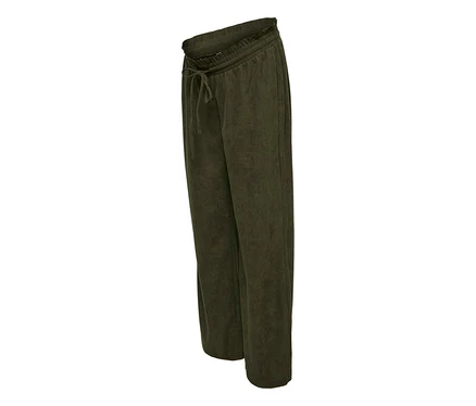 Dunkelgrüne MAMALICIOUS Cordhose »JACIA« mit Kordelzug in der Taille, stehend auf weißem Hintergrund.