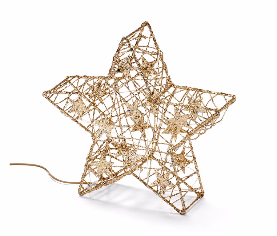 Ein goldener LED-Stern mit LED-Lichtern auf weißem Hintergrund.