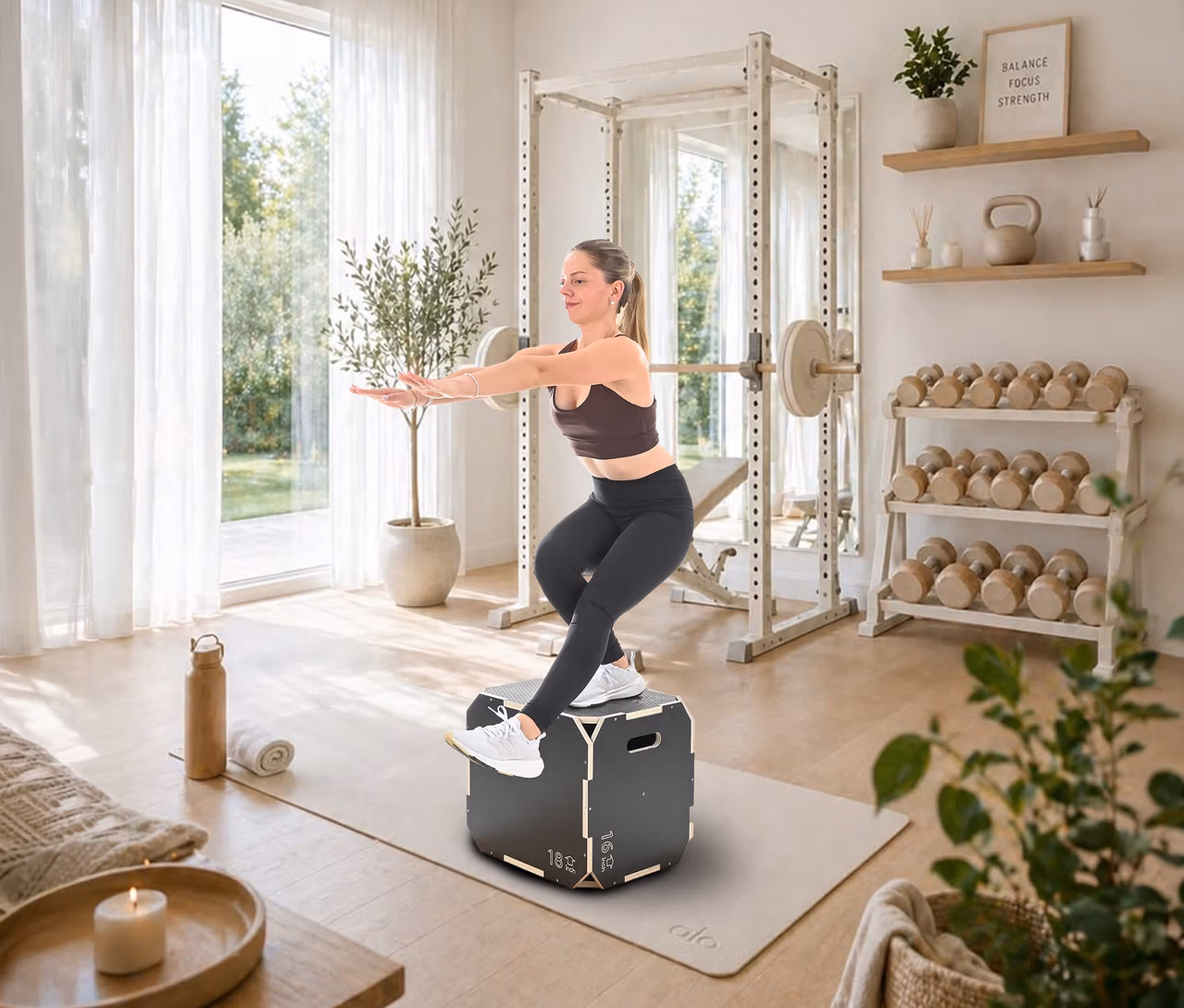 Frau macht einen einbeinigen Squat auf einer F2 JUMP PLYOBOX in einem hellen Home-Gym. Sie trägt Sport-BH und Leggings, die Arme zur Balance ausgestreckt.
