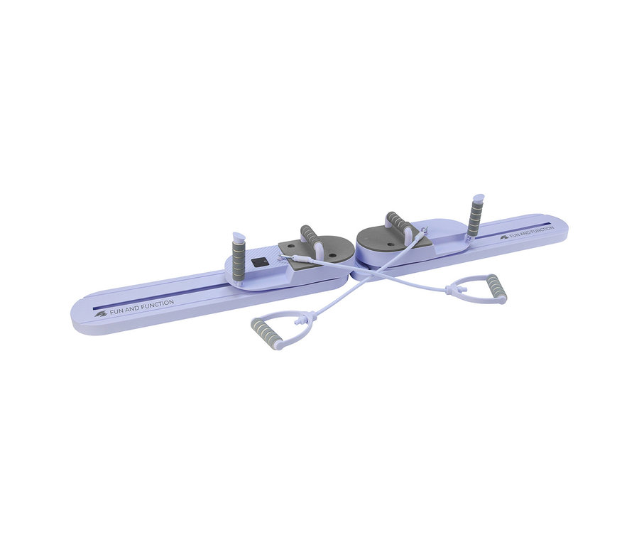 F2 CORE PRO Pilates Trainer in Helllila mit grauen und weißen Akzenten. Er hat eine lange Basis mit zwei rotierenden Scheiben und Widerstandsbändern mit weißen Griffen.