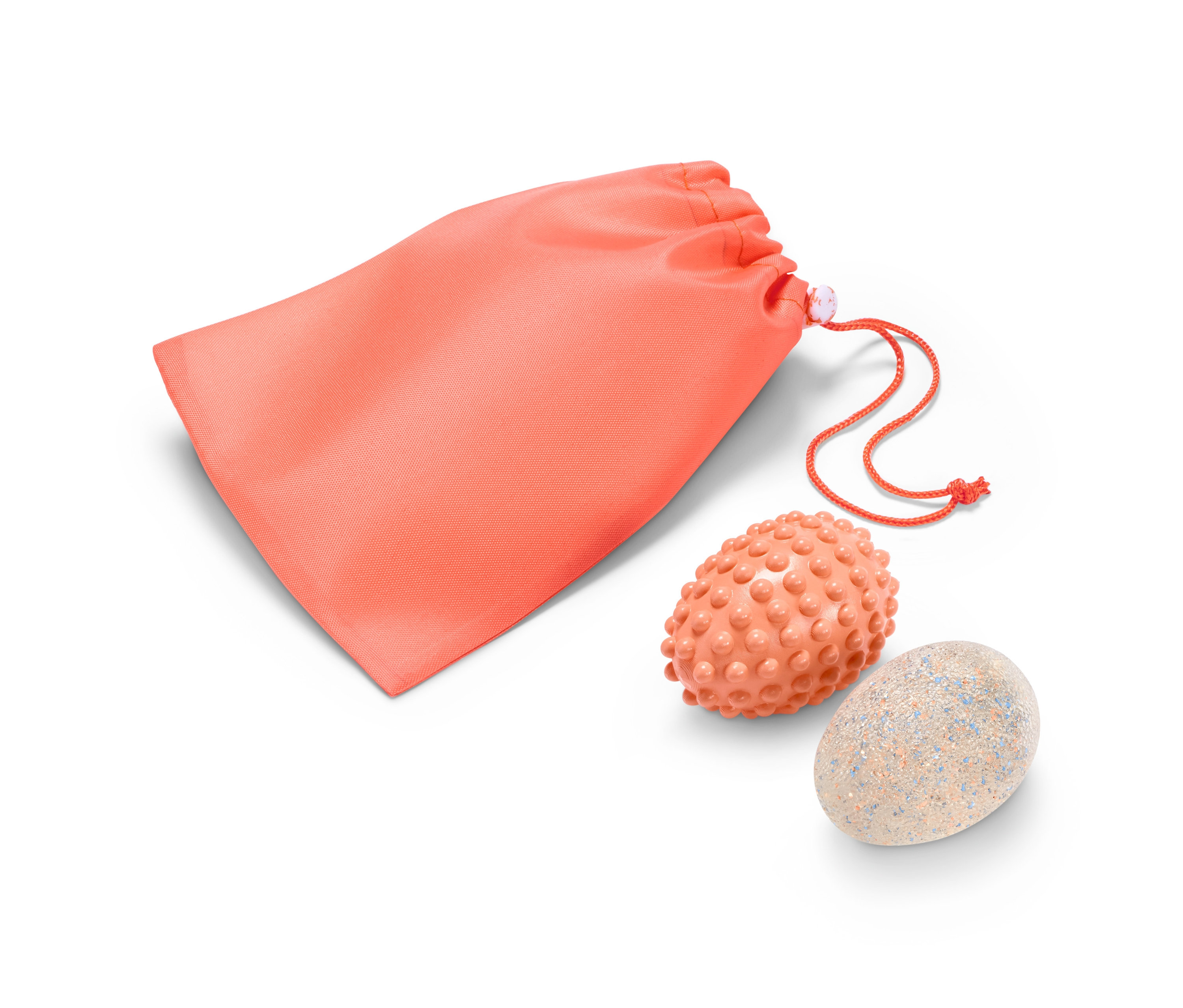 Handtrainer-Set mit orangefarbenem Beutel, Massageball und Glitzer-Ei.