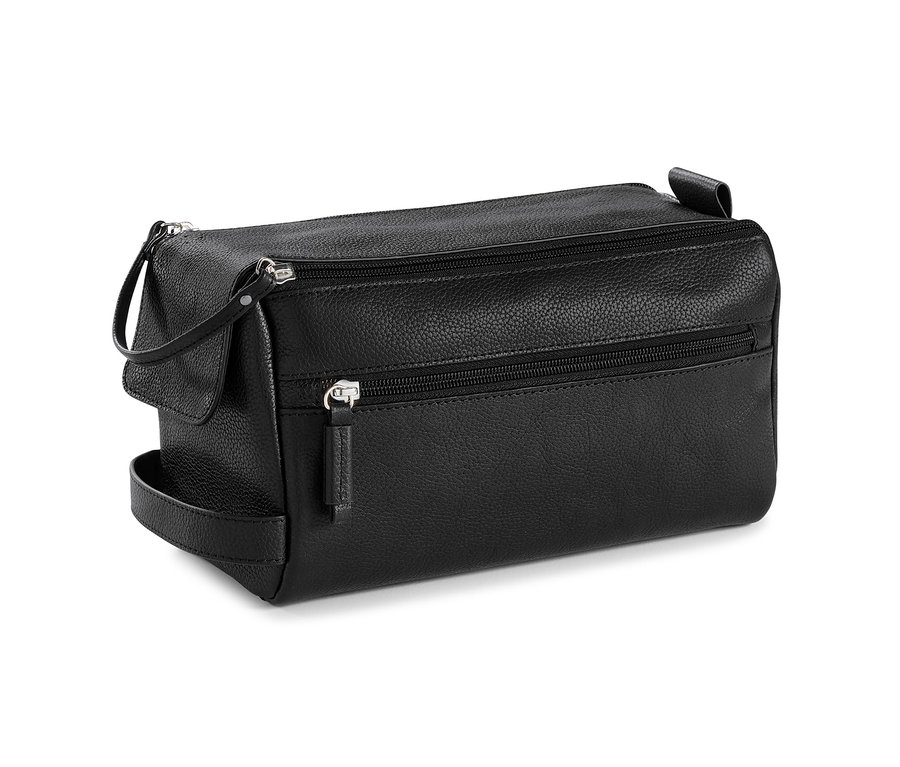 Eine schwarze Leder-Kulturtasche mit zwei Reißverschlüssen.