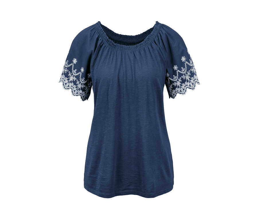 Dunkelblaues Shirt im Materialmix mit kurzen Ärmeln und Lochstickerei.