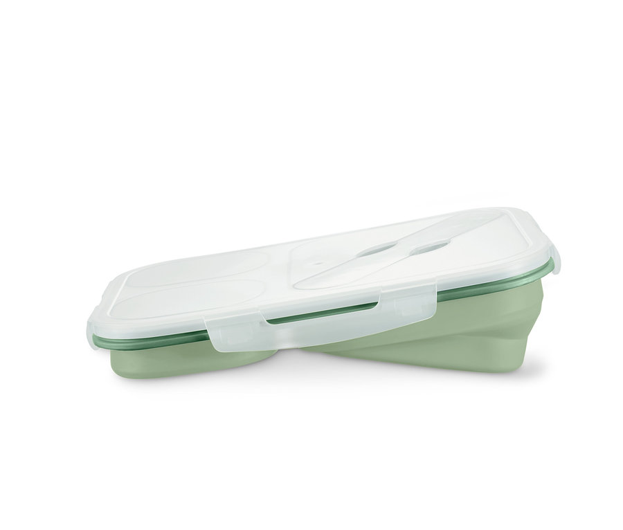 Eine faltbare Lunchbox in Grün mit transparentem Deckel.