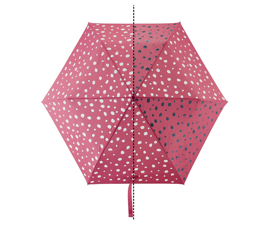 Detailansicht eines Kinder-Taschenschirms mit Farbwechsel, roter Stoff mit weißen Punkten auf der einen und dunkelblauen Punkten auf der anderen Seite.