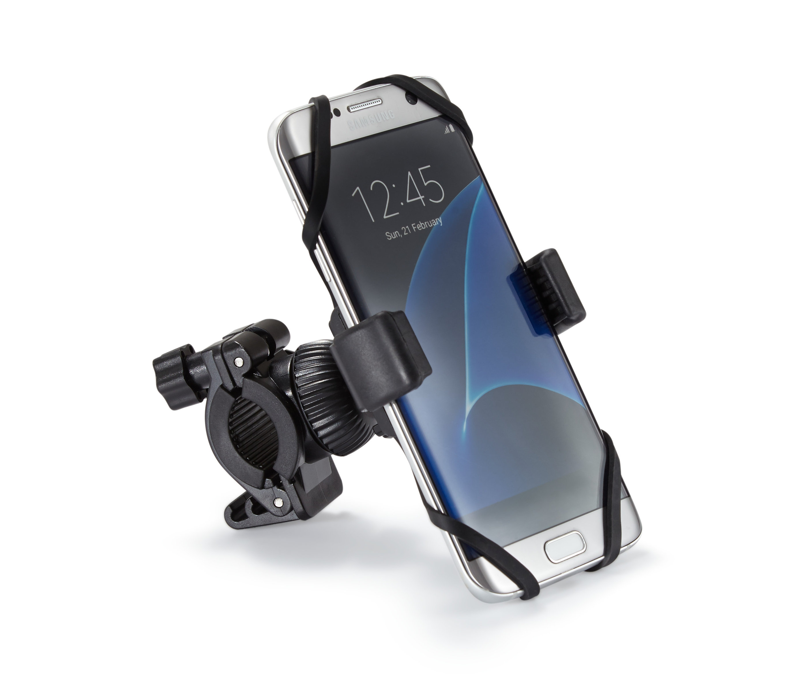 Eine schwarze Fahrrad-Smartphone-Halterung mit einem Samsung-Handy.