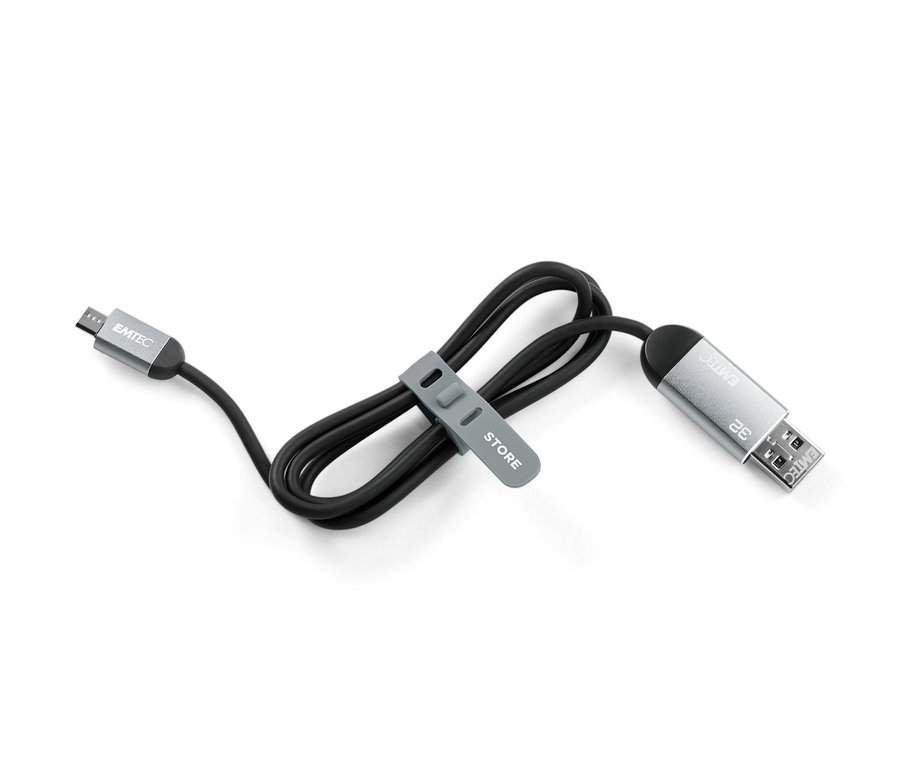 Schwarzes Backup- und Ladekabel mit grauem Clip auf weißem Hintergrund.