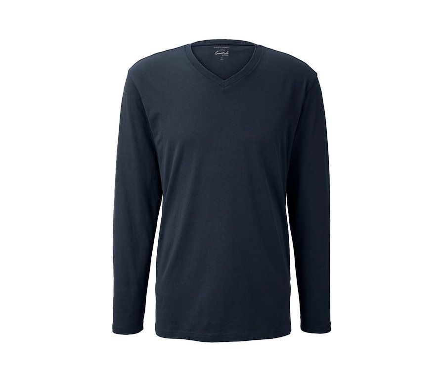Dunkelblauer Pyjama mit langen Ärmeln und V-Ausschnitt.