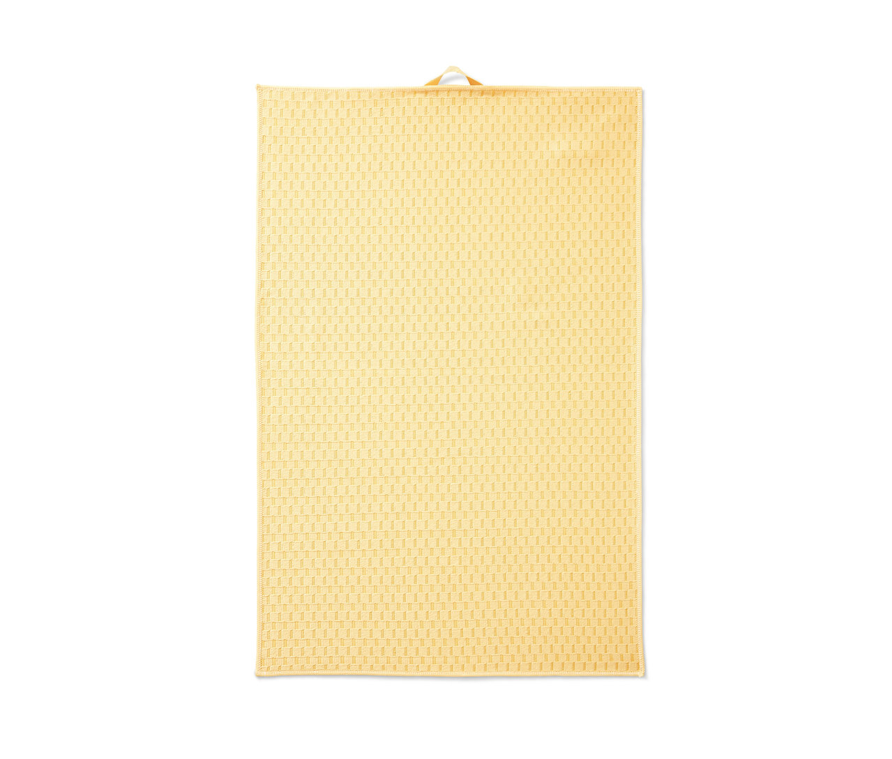 Ein gelbes Geschirrtuch mit einer Aufhängeschlaufe.