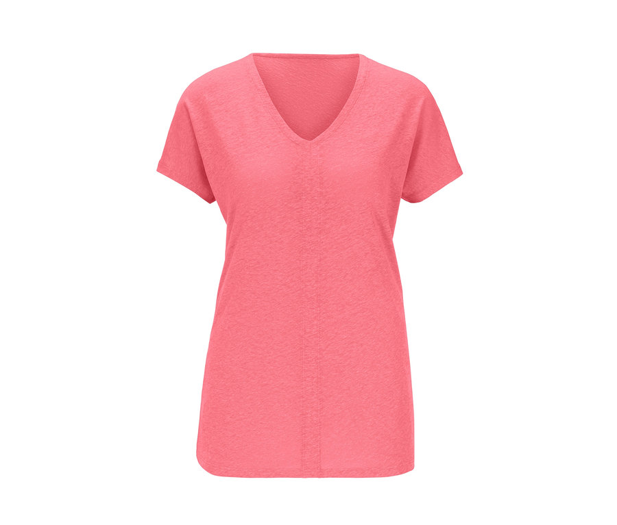 Rosa Leinenshirt mit kurzen Ärmeln und V-Ausschnitt.