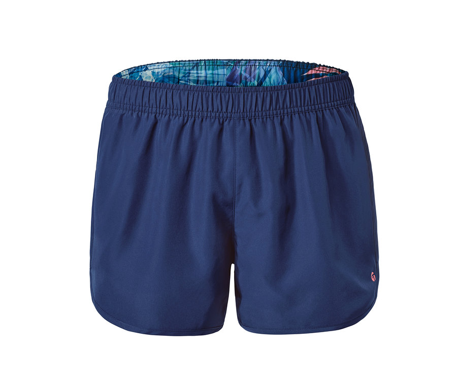 Dunkelblaue Bade- und Laufshorts mit Blumendesign innen.