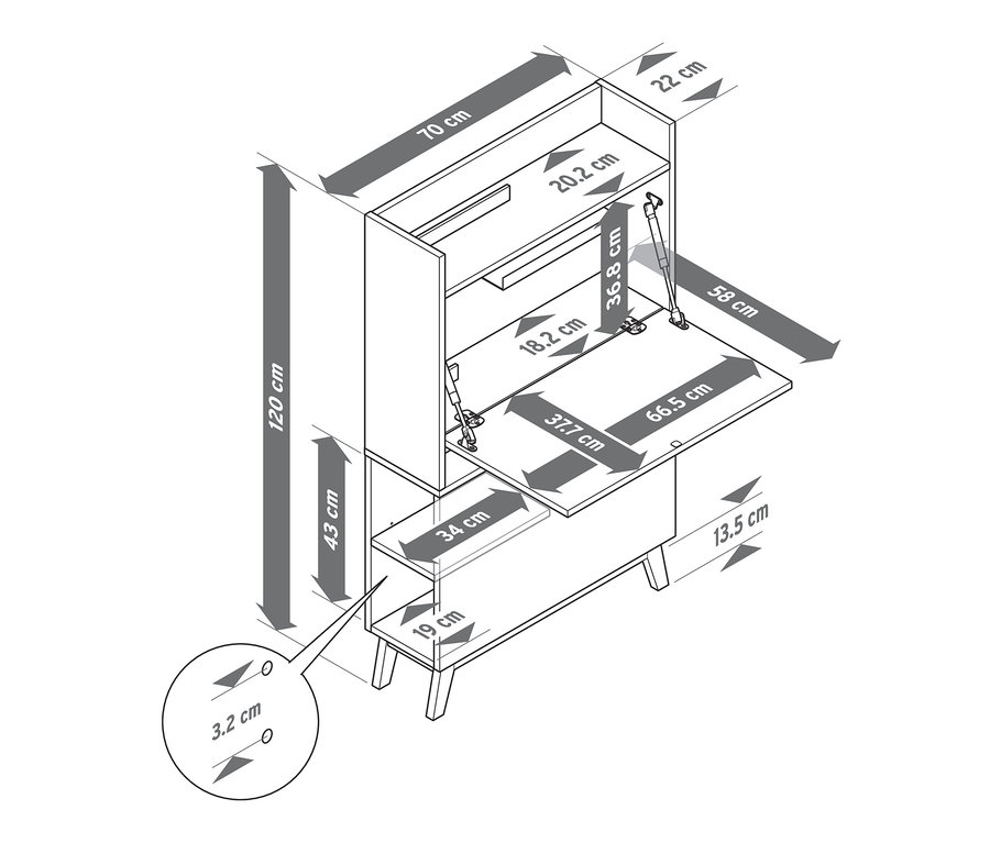 Illustration eines Sekretärs mit Echtholz-Multiplexkanten und den dazugehörigen Abmessungen.
