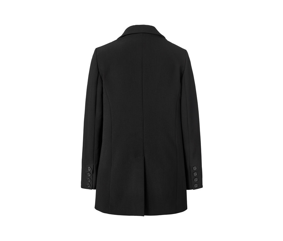 Detailansicht der Rückseite eines schwarzen Blazers.