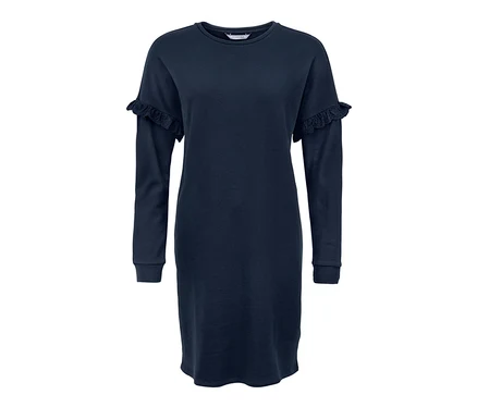 Dunkelblaues Sweatkleid mit langen Ärmeln und Rüschen.