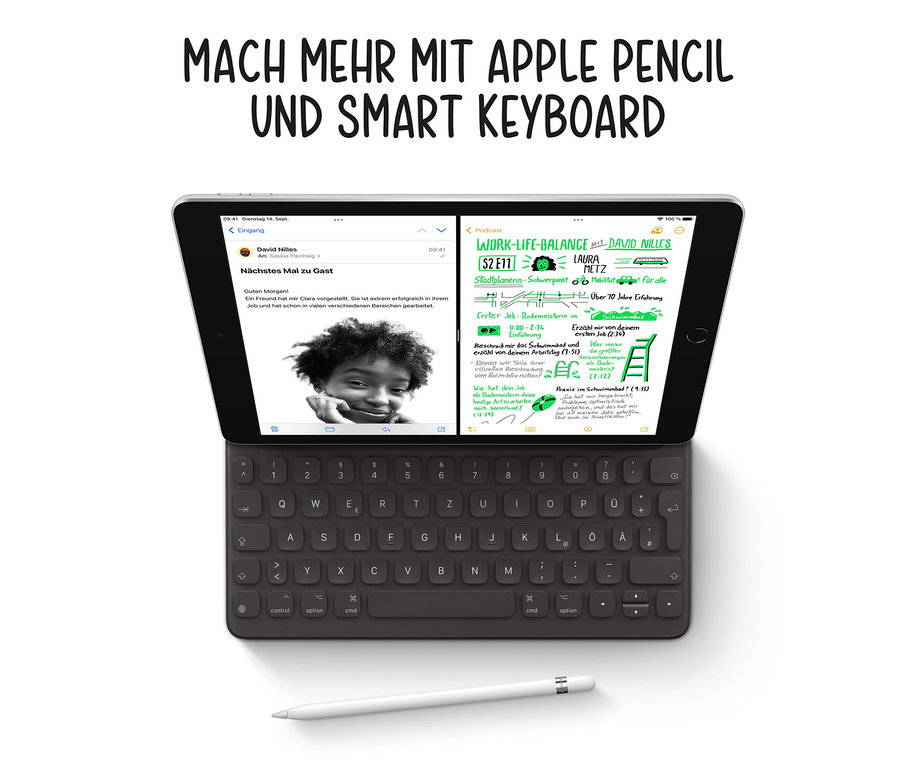 Auf dem Bild ist ein graues Apple iPad 9. Generation mit Smart Keyboard und Apple Pencil zu sehen. Auf dem iPad-Bildschirm werden E-Mails und Notizen angezeigt.