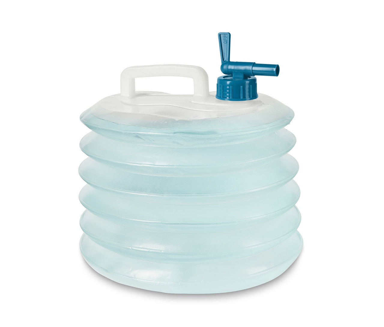 Faltbarer Wasserkanister mit blauem Hahn.