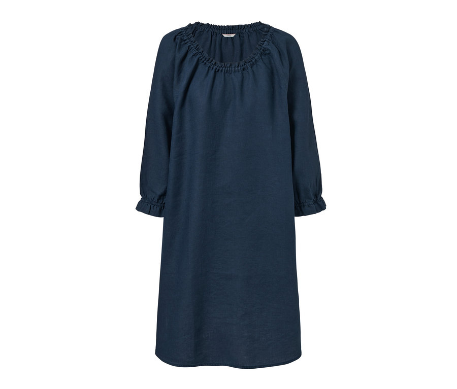 Detailansicht eines blauen Leinenkleides.
