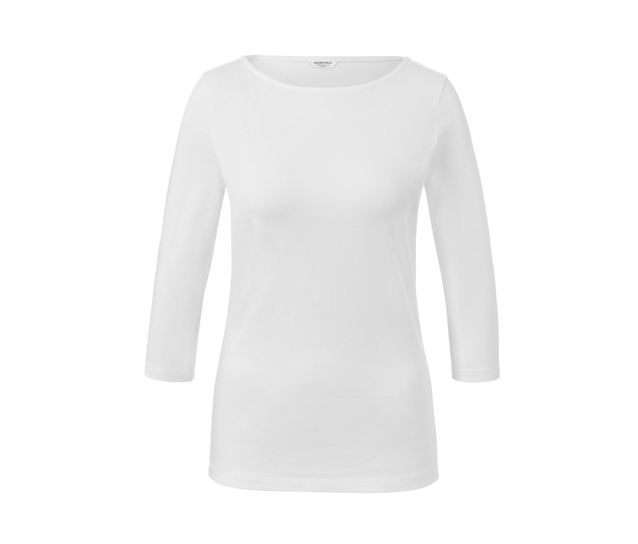 Weißes Shirt mit 3/4-Arm auf weißem Hintergrund.